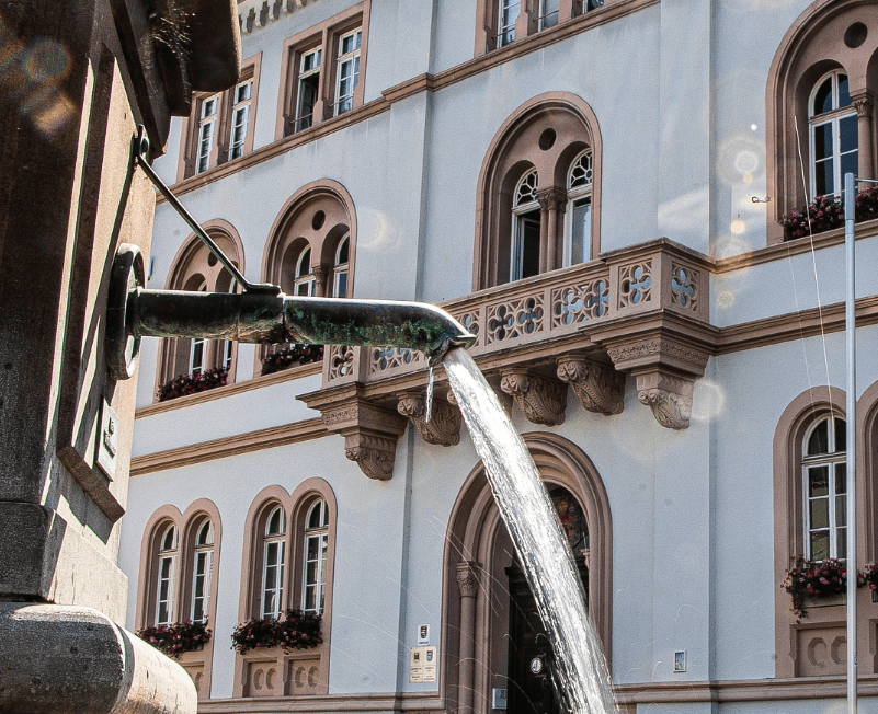 Brunnen mit Rathaus im Hintergrund